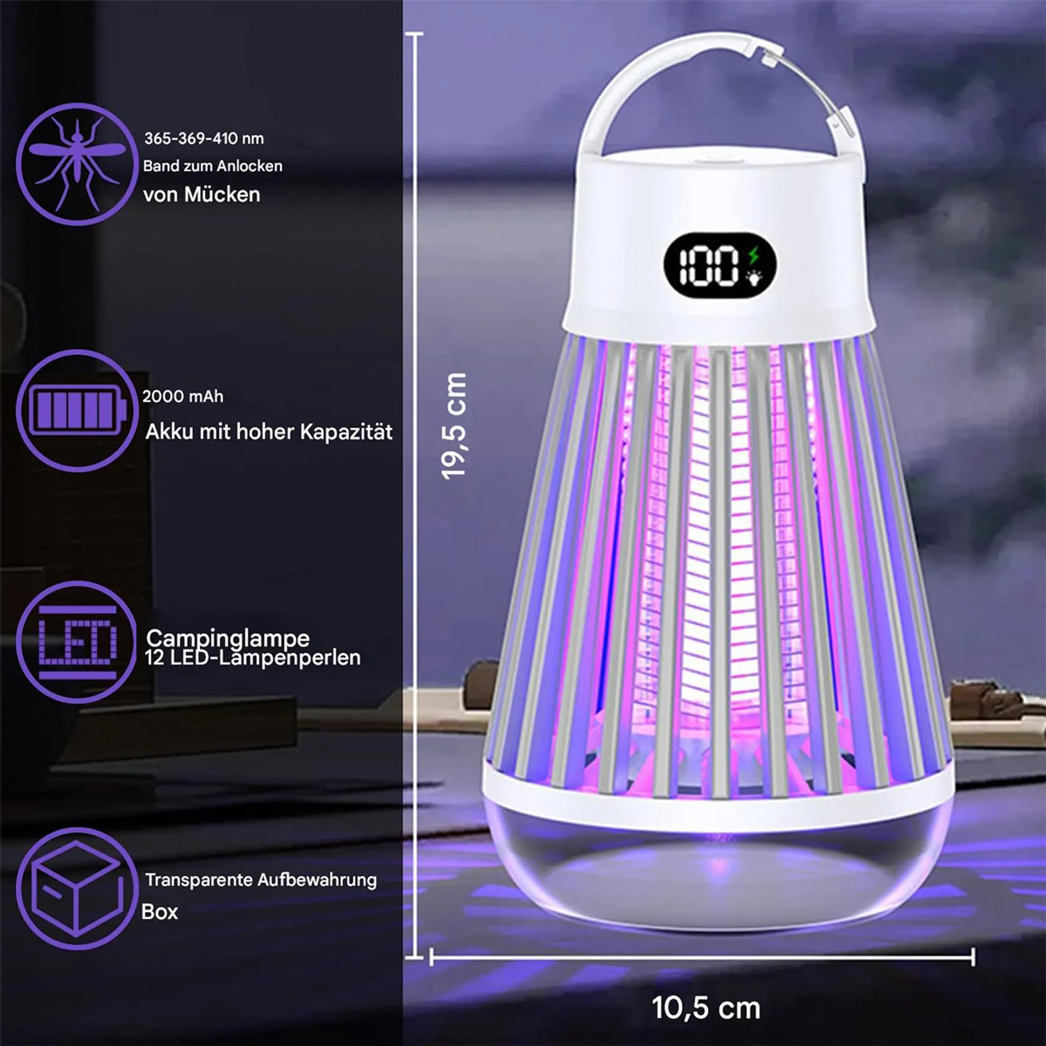 Eine weiße Mückenvernichterlampe mit Digitalanzeige "100%". Maße: 19,5 cm H, 10,5 cm B.