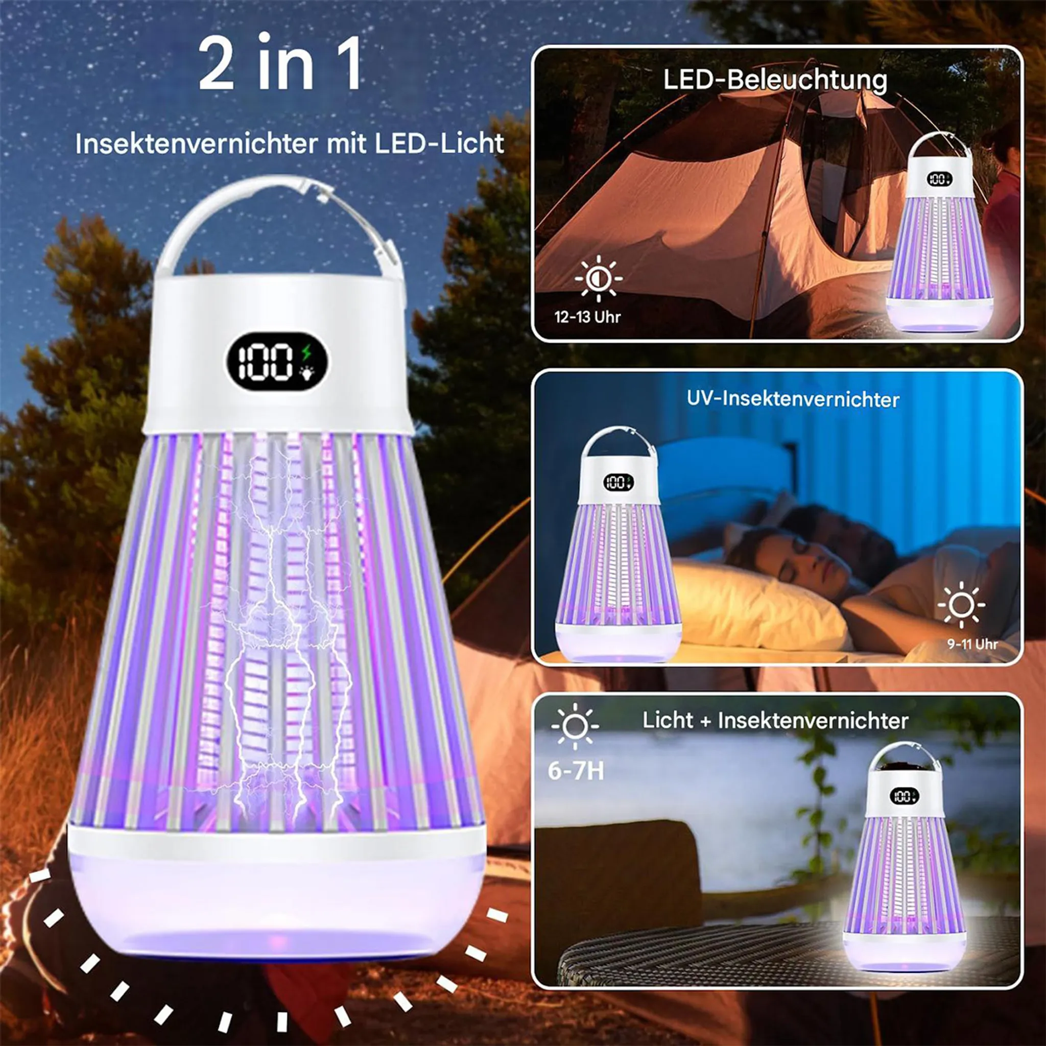 Ein lila und weier Insektenvernichter mit LED-Licht, der verschiedene Szenarien zeigt.