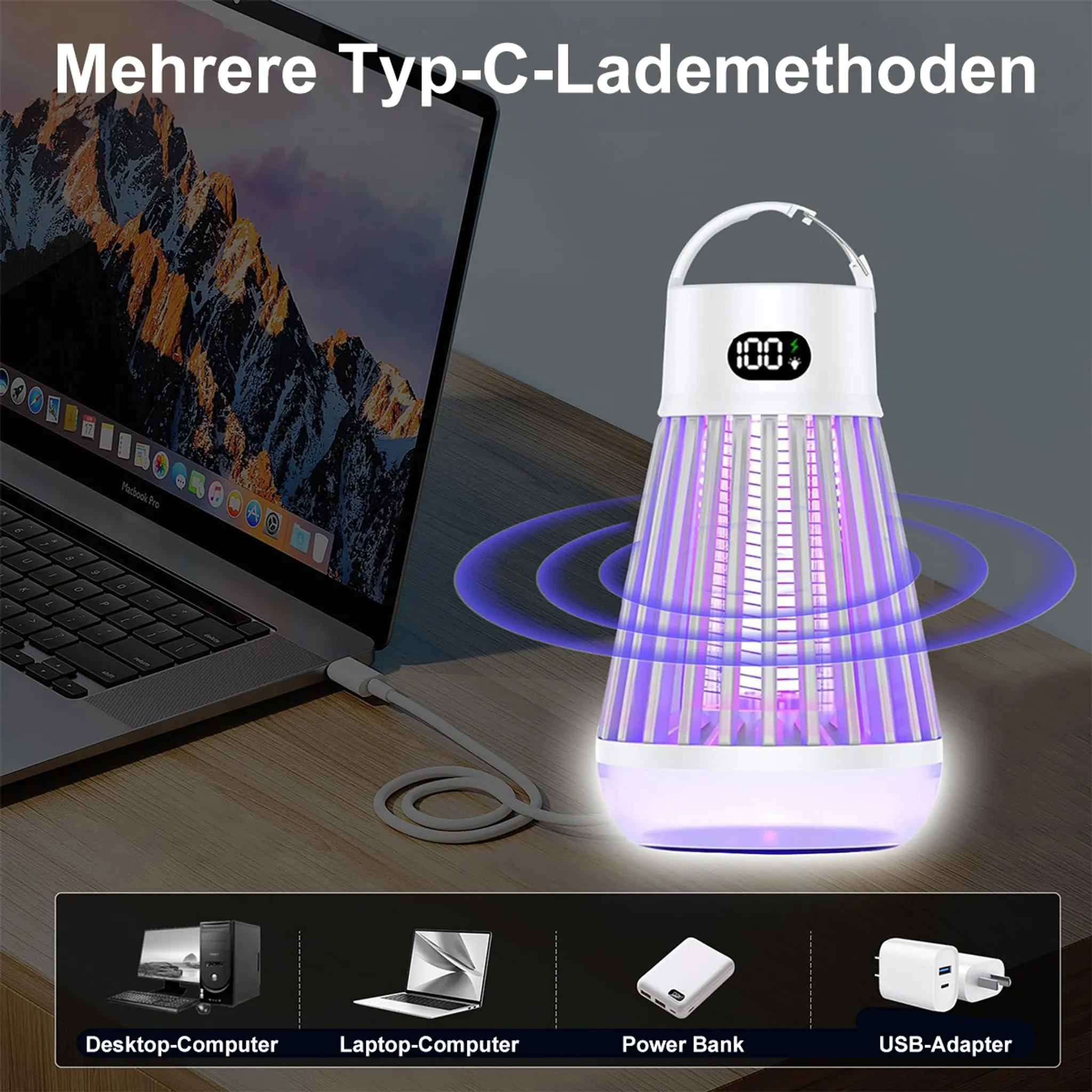 Ein lila Moskito-Killer wird neben einem Laptop angezeigt.