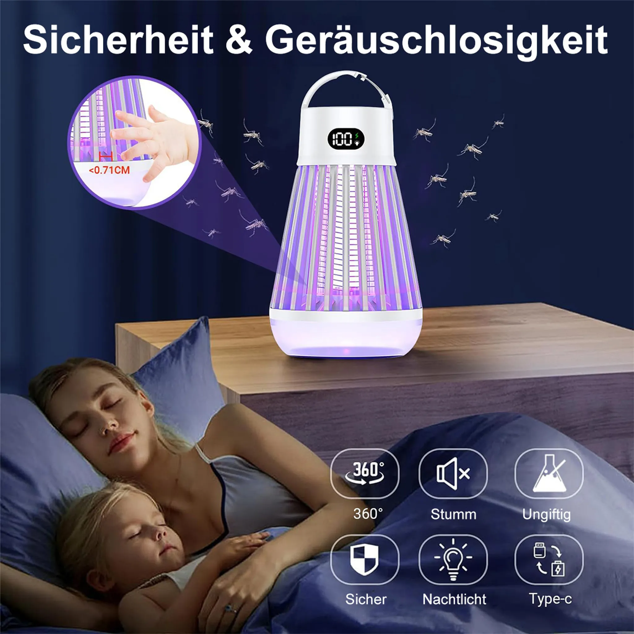 Moskitolampe mit Nachtlichtfunktion neben schlafender Mutter und Kind. Sicher.