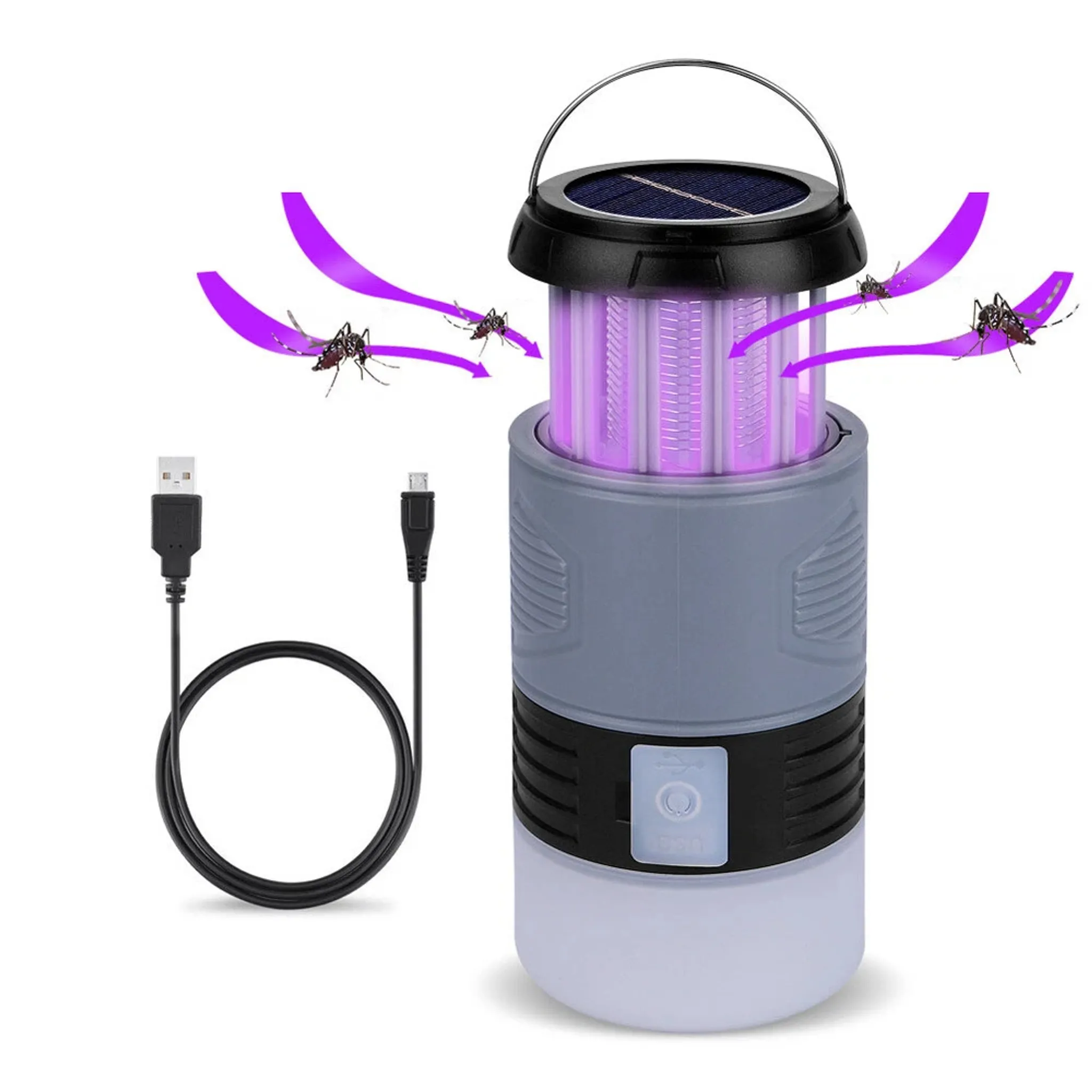 Ein Mückenvernichter mit Solarpaneel, USB-Kabel und lila Licht, das Mücken anzieht.