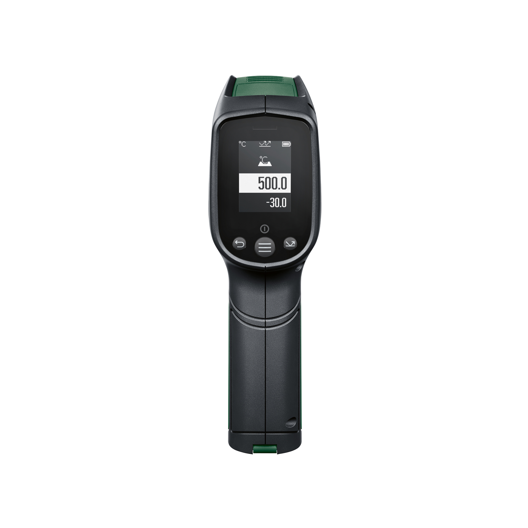 Ein schwarzes Infrarot-Thermometer mit grünem Akzent und einem Display, das 500.0 und -30.0 anzeigt.