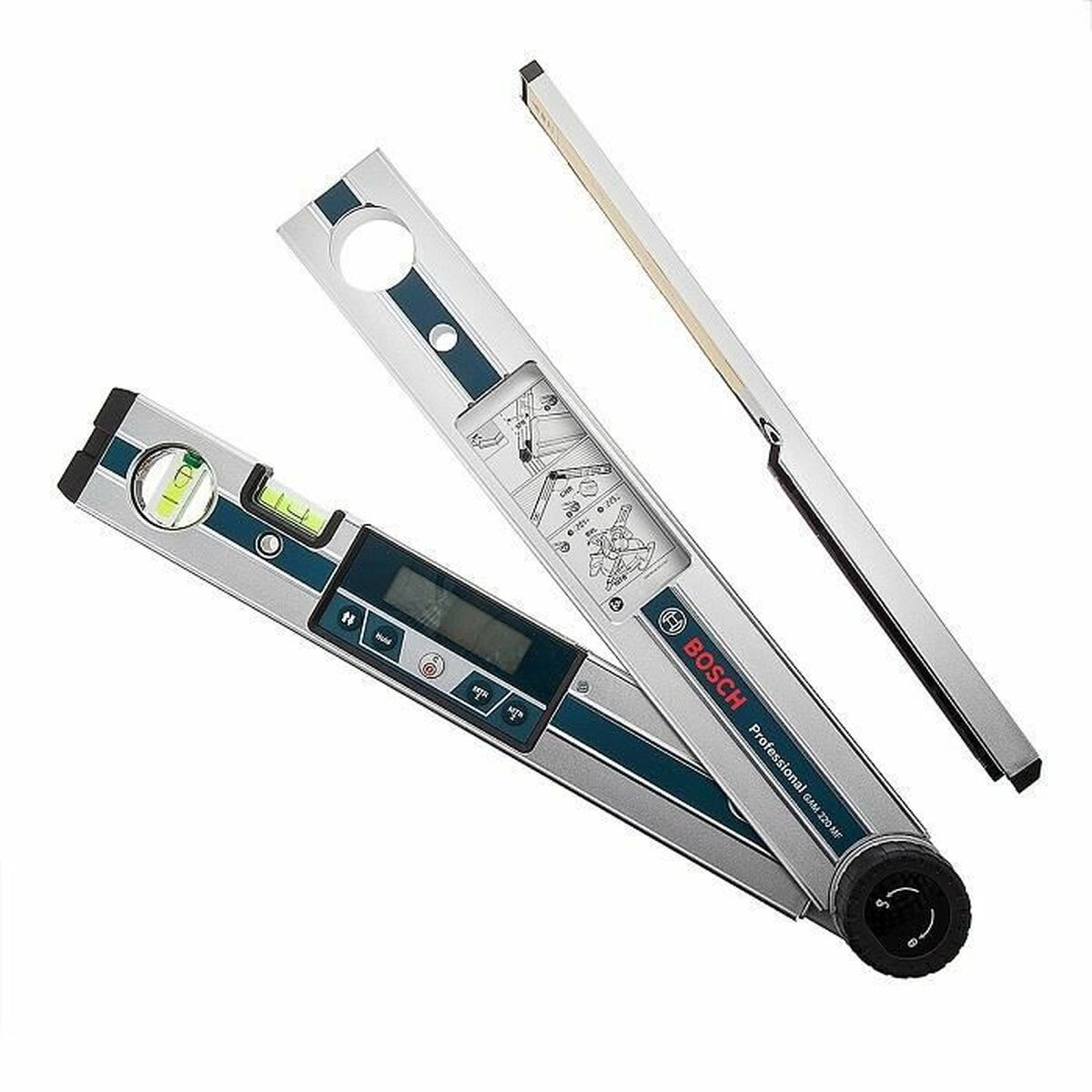 Digitaler Winkelmesser von Bosch mit Wasserwaage und Display.