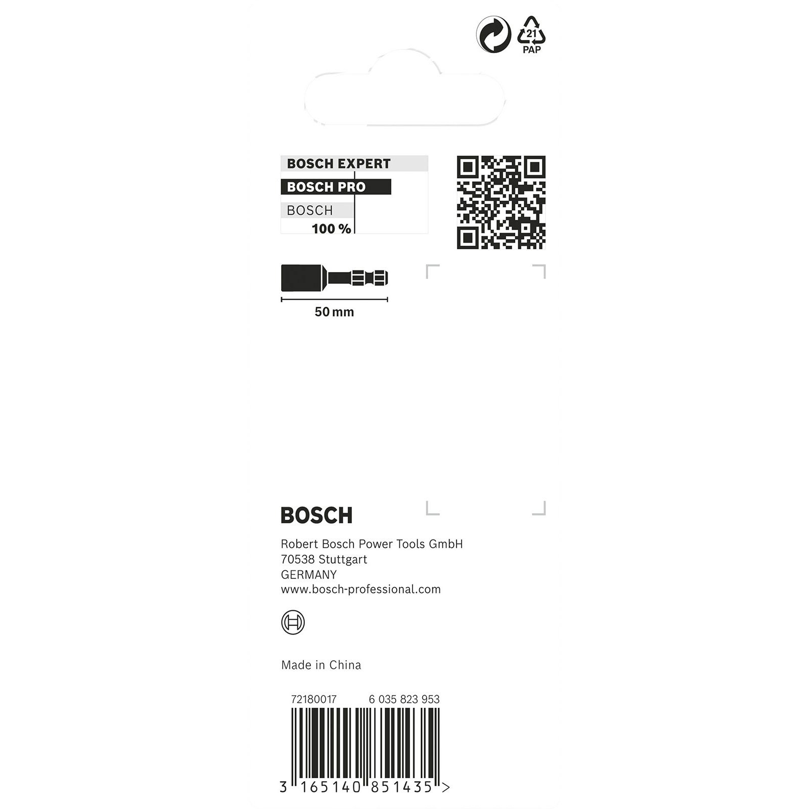 Bosch Werkzeugaufnahme 50 mm, QR-Code und Produktinformationen.