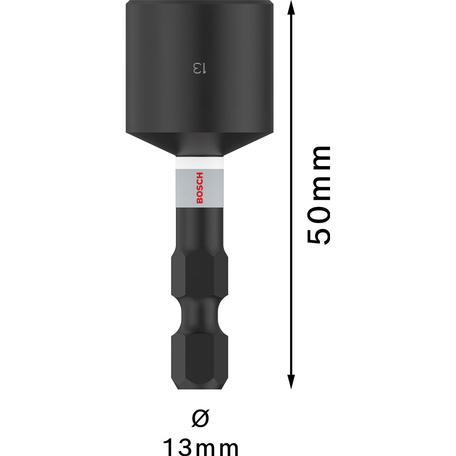 Schwarzer Bosch-Bit, 50mm lang, 13mm breit. Mit Beschriftung.