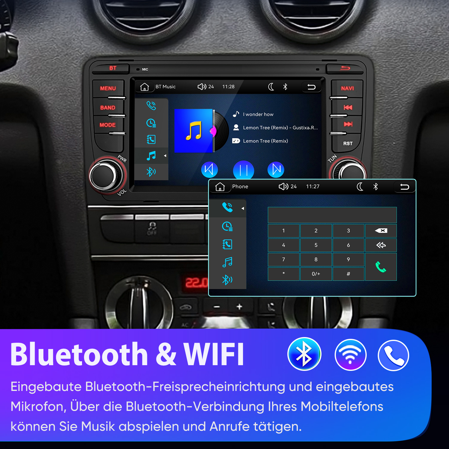 Autodisplay mit Musikwiedergabe, Telefonie- und Tastenfeldanzeige. Blaue Leiste mit Text.