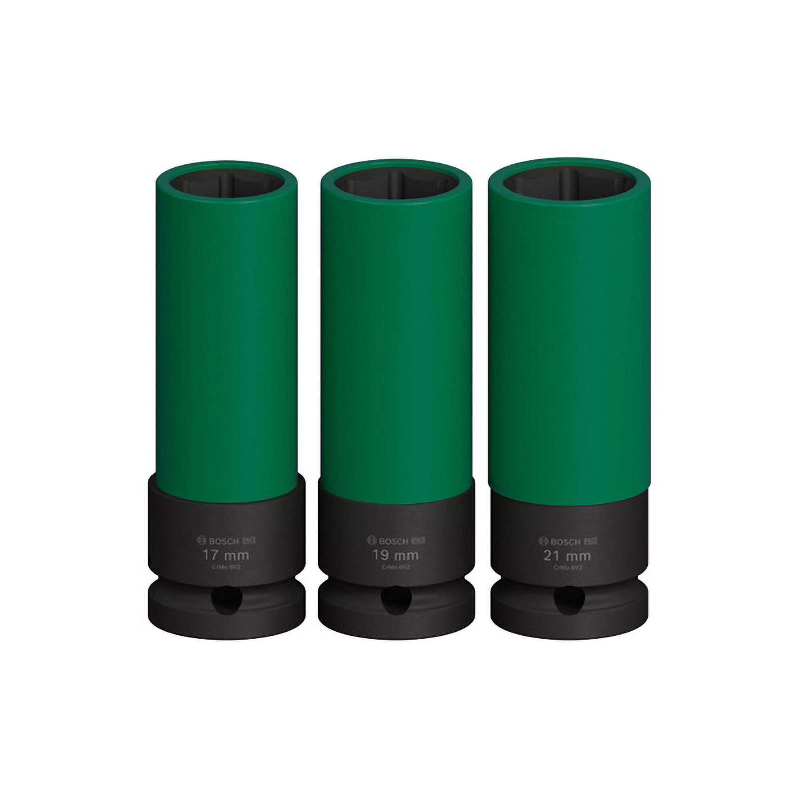 Drei grüne Steckschlüsseleinsätze mit schwarzen Sockeln, Größen 17, 19, 21 mm.