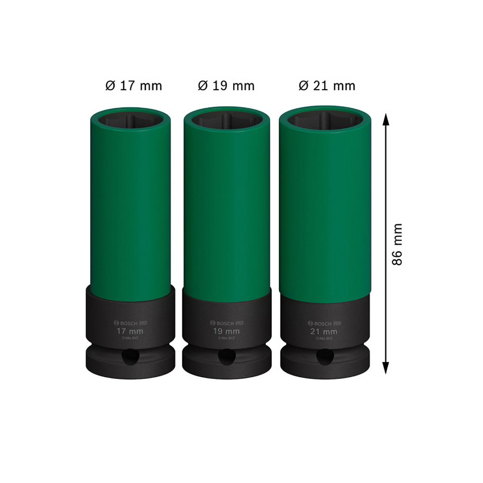 Drei grüne Steckschlüssel mit schwarzen Sockeln, Größen 17, 19, 21 mm.