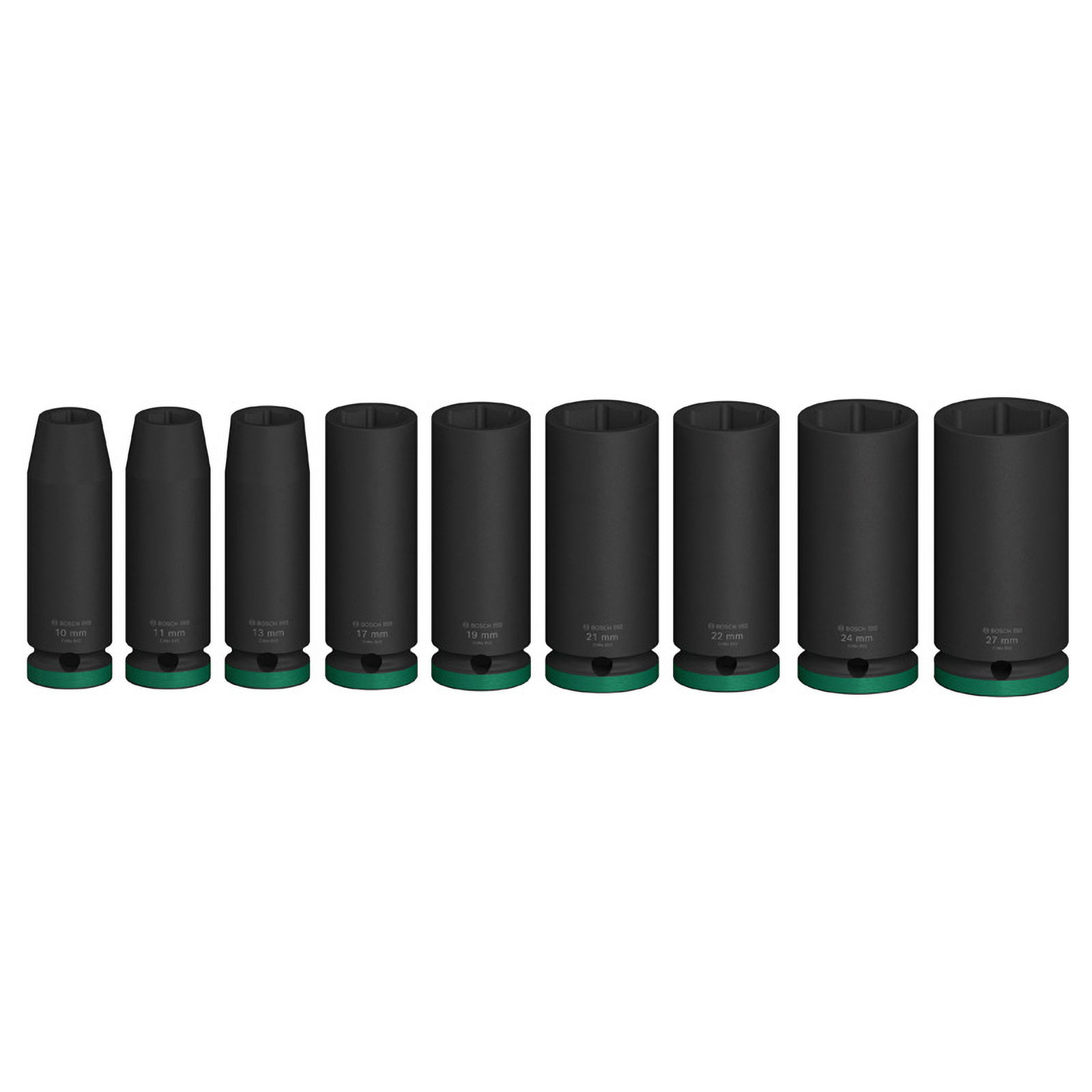 Reihe von schwarzen Steckschlüsseln mit grünen Ringen, Größen 10-27 mm.