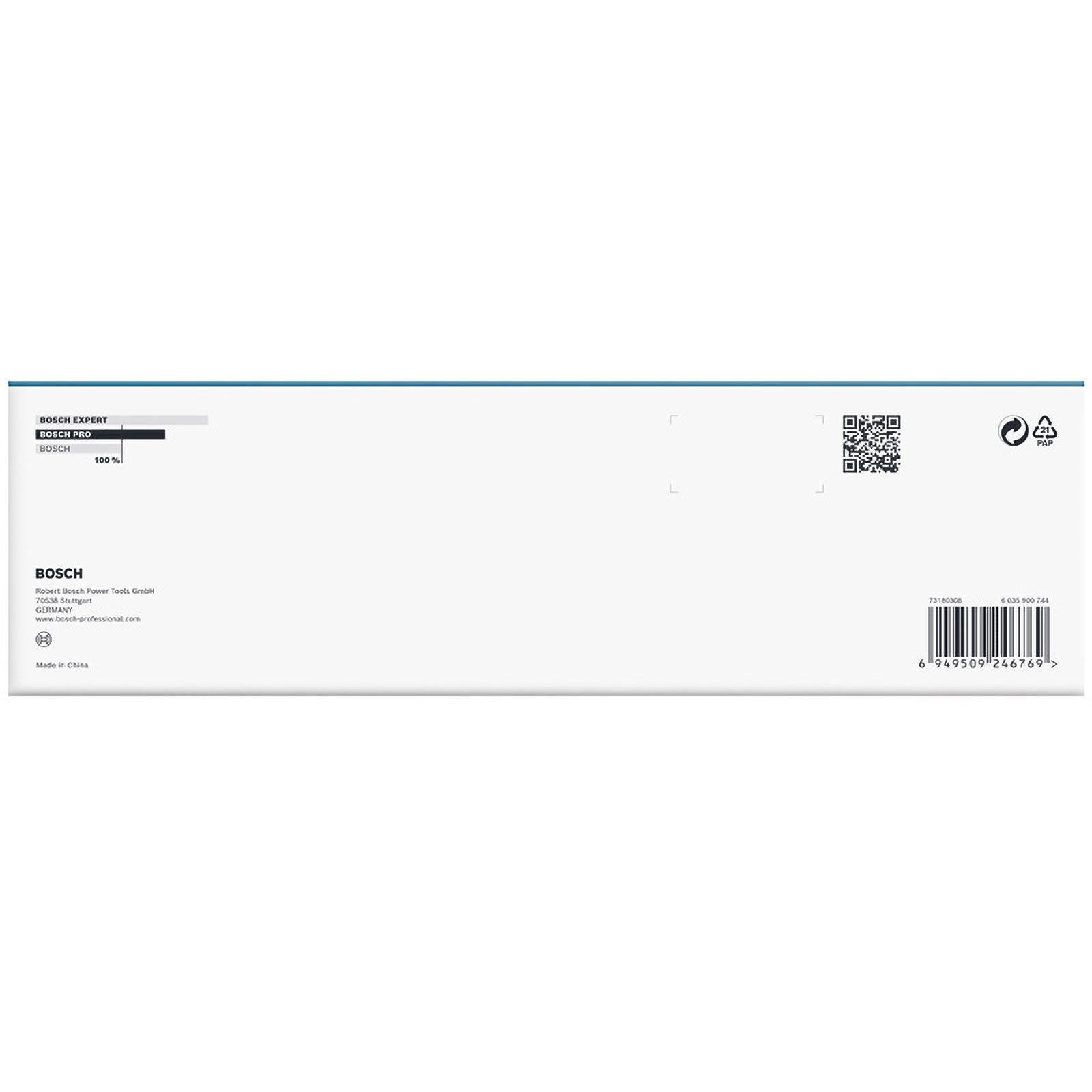 Bosch Expert, Bosch Pro und Bosch 100% mit QR-Code, Barcode und Recycling-Symbolen.