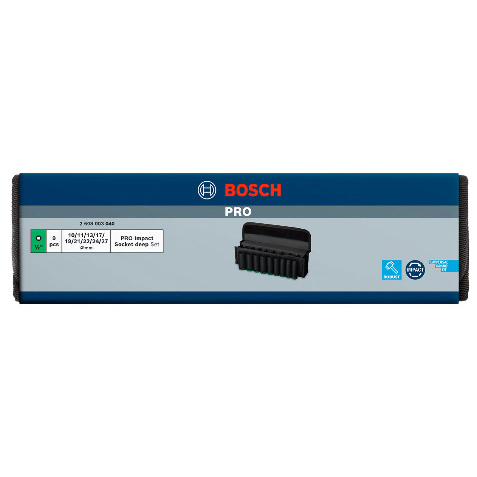 Bosch Pro Impact Socket Set mit 9 tiefen Stecknüssen in schwarzem Halter.