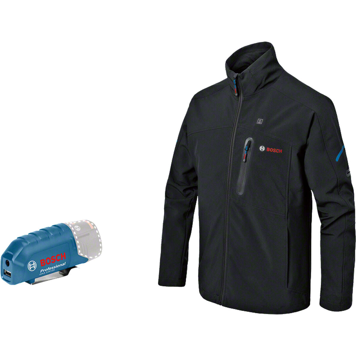 Schwarze Bosch Softshelljacke mit blauem Akku-Pack. Modisch und funktional.