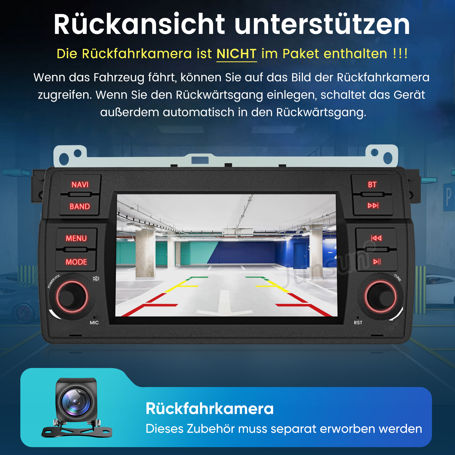 Ein Autoradio mit Rückfahrkamera-Ansicht und separater Kamera.