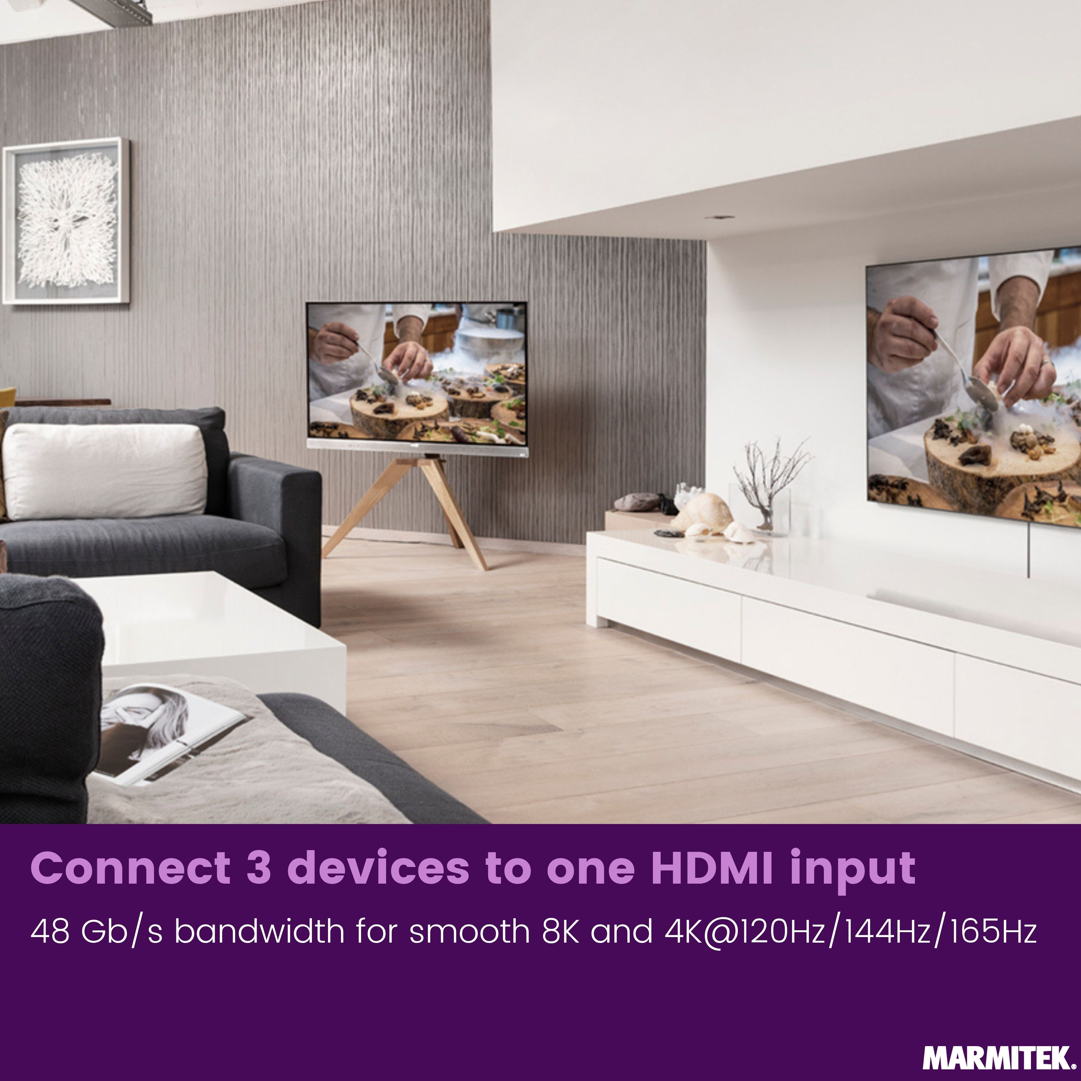 Salon moderne avec canapé, table et TV montrant de la nourriture.