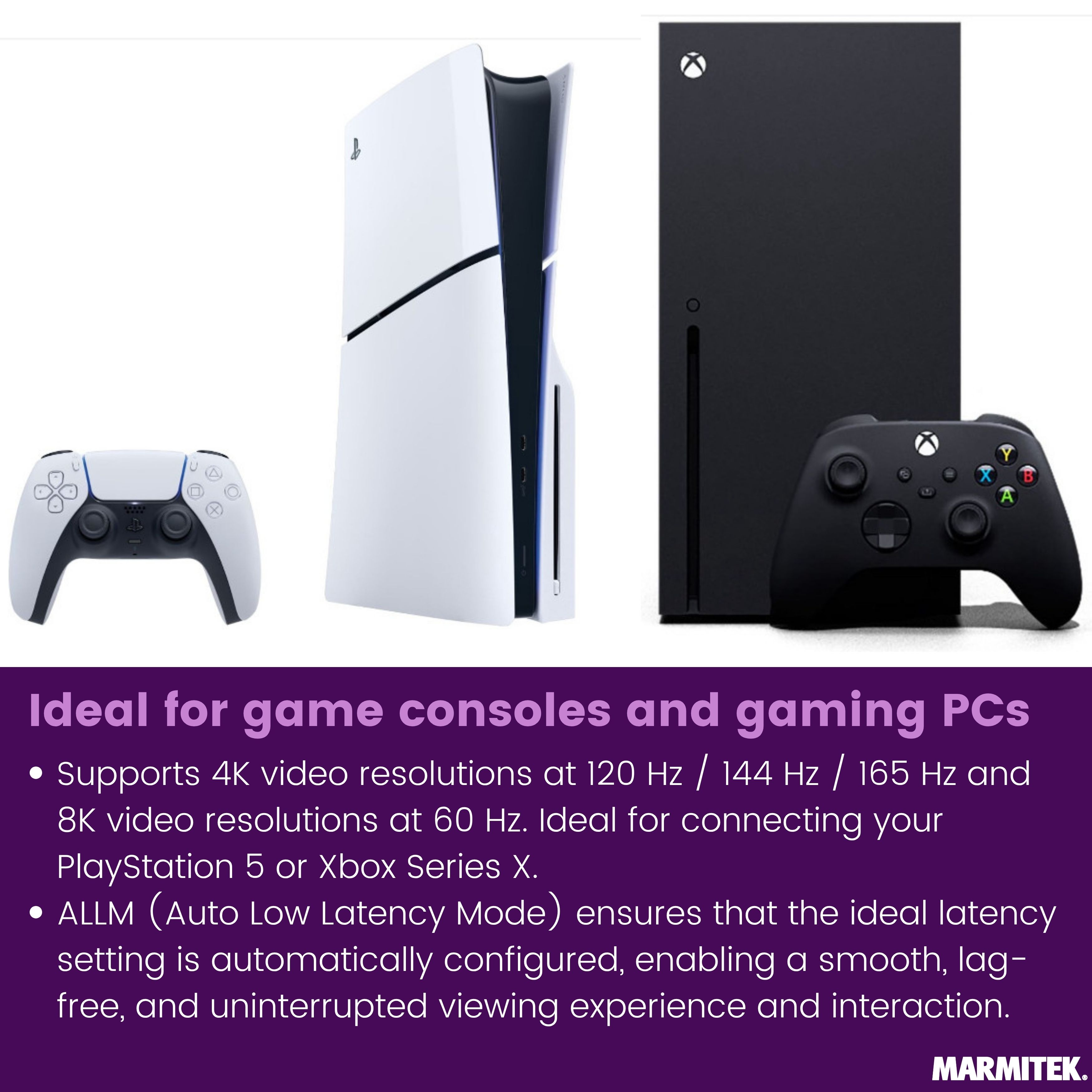 Consoles Playstation 5 et Xbox Series X avec manettes et texte.