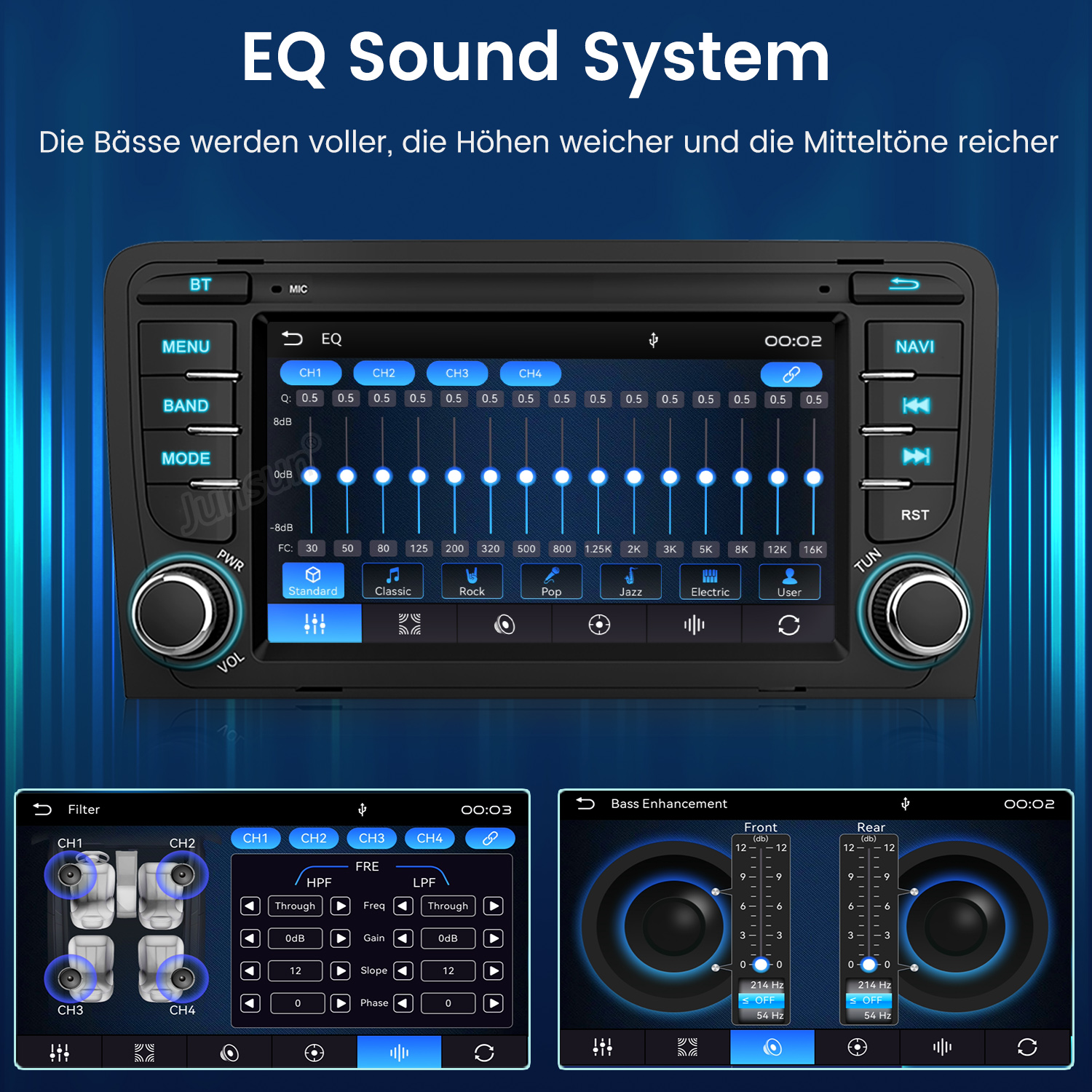 Ein Autoradio-Bildschirm zeigt EQ-, Filter- und Bass-Einstellungen mit vielen Schiebereglern und Schaltflächen.