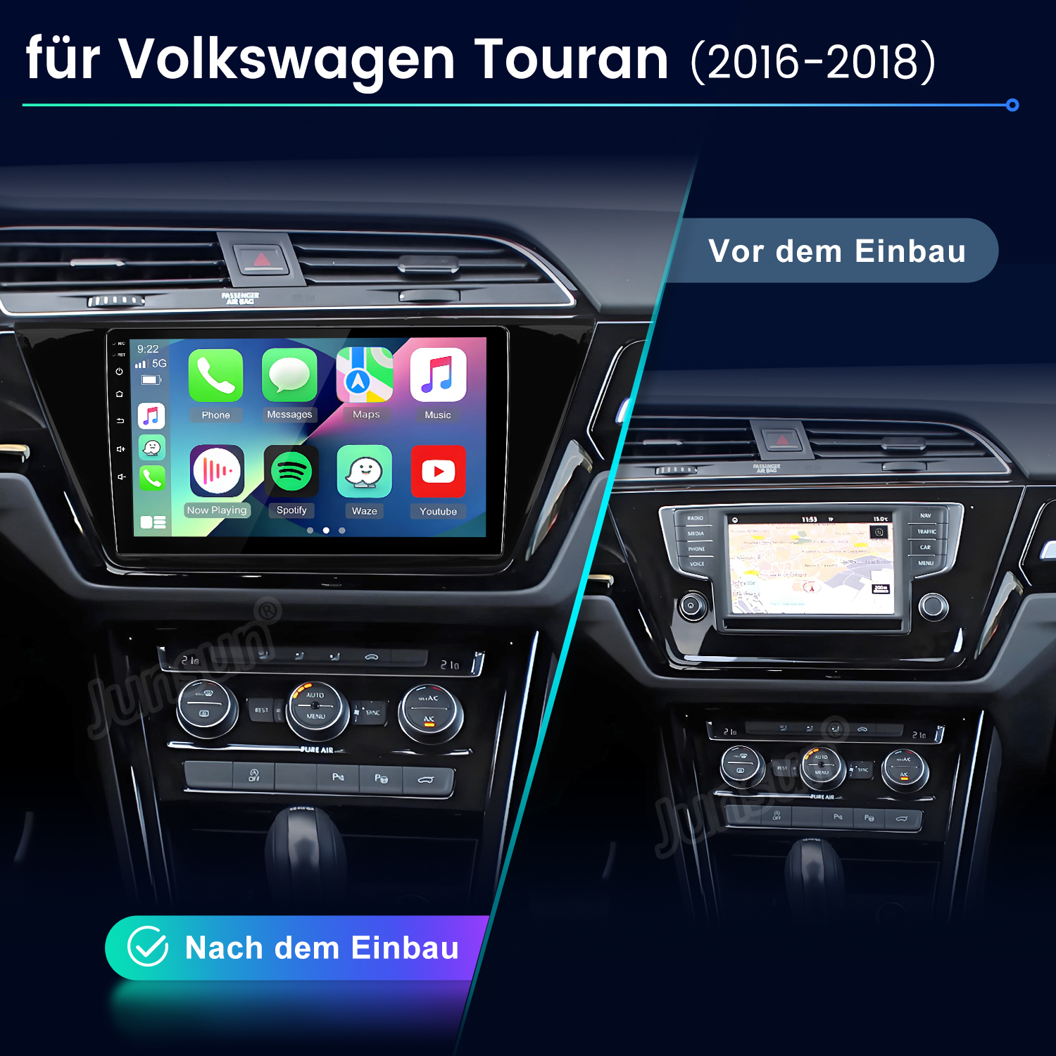 Vor und nach dem Einbau eines Infotainmentsystems in einem VW Touran.