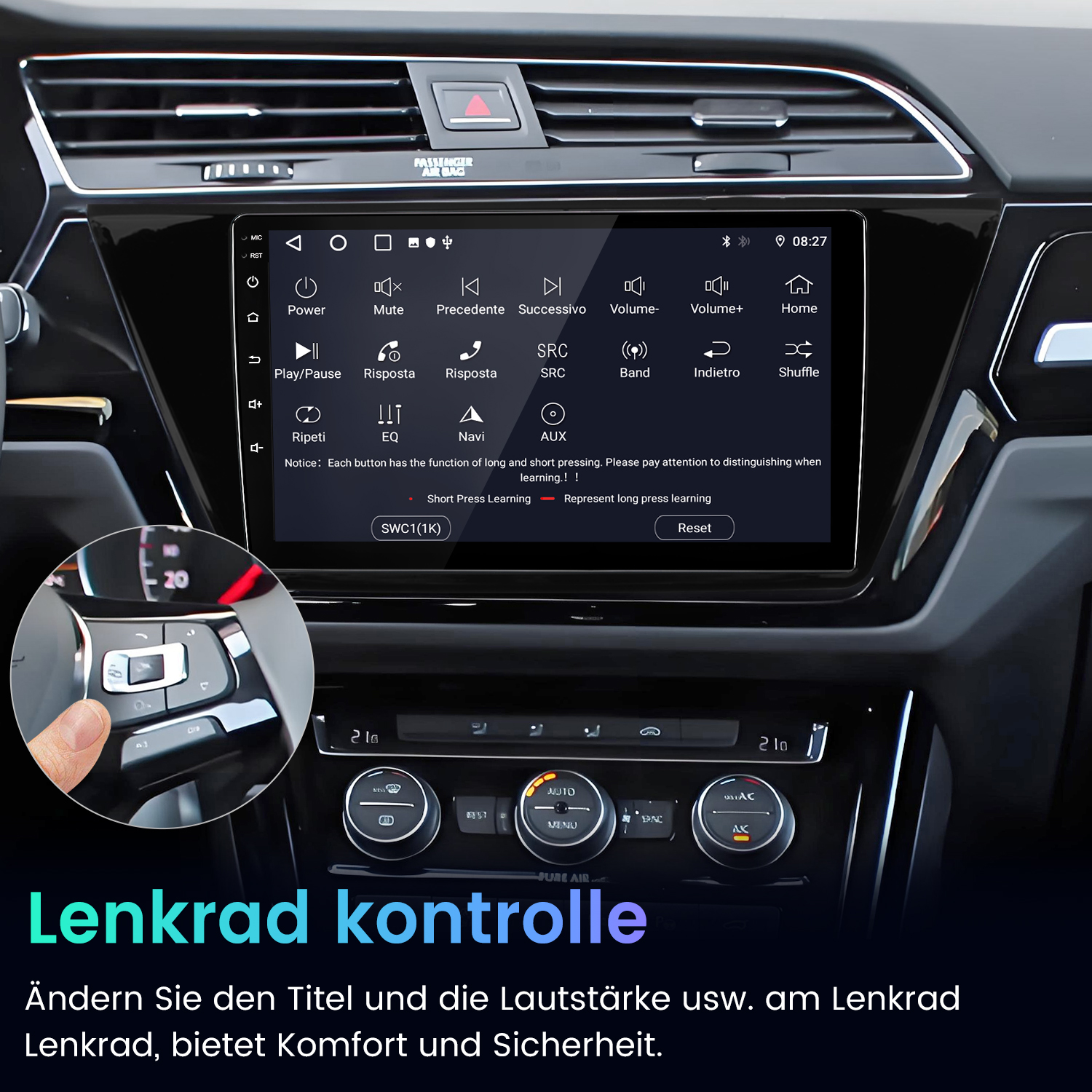 Ein Finger drückt eine Taste am Lenkrad eines Autos mit einem Touchscreen-Infotainmentsystem.
