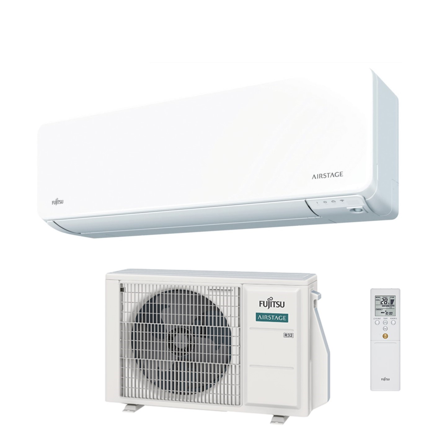 Un condizionatore Fujitsu Airstage bianco con unità interna, esterna e telecomando.