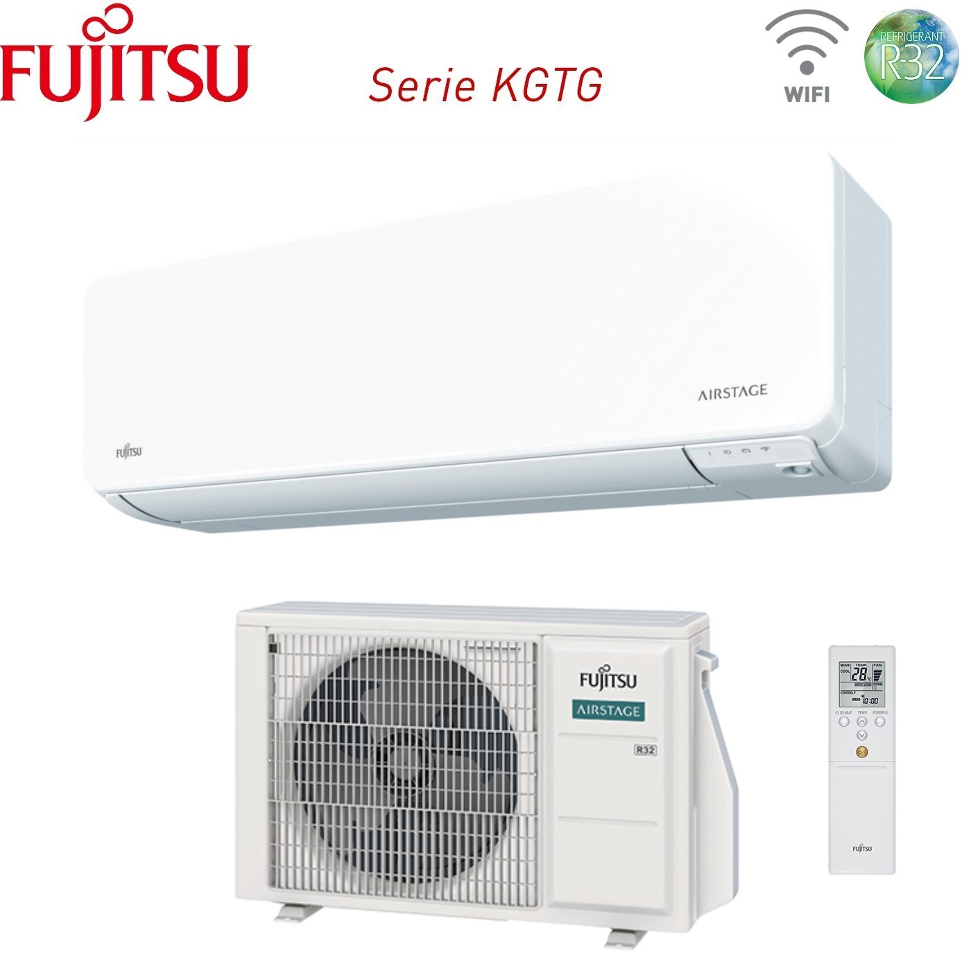 Condizionatore Fujitsu: unità interna, unità esterna e telecomando.