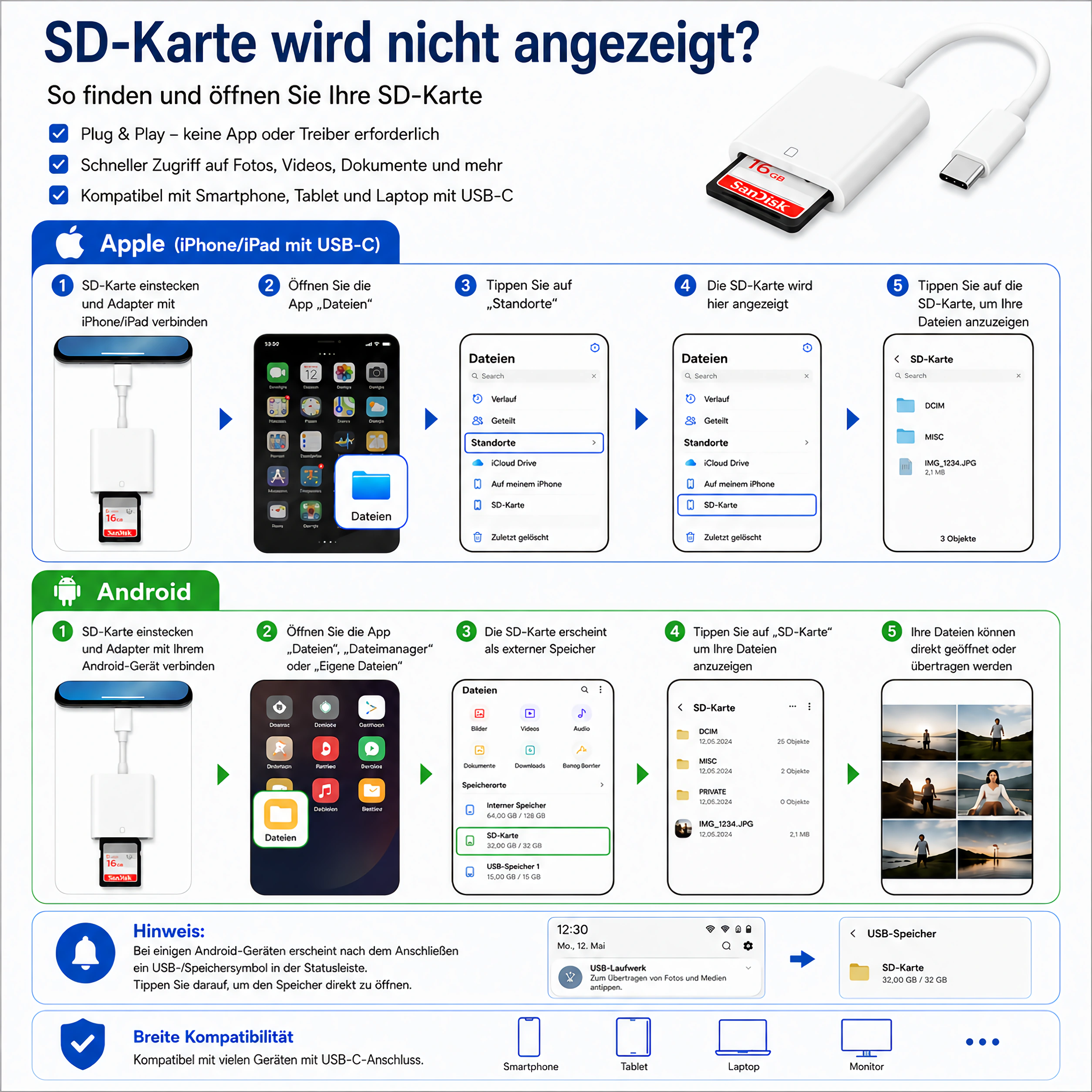Anleitung zur SD-Karten-Nutzung auf Apple und Android-Geräten, mit Adapter und USB-C.