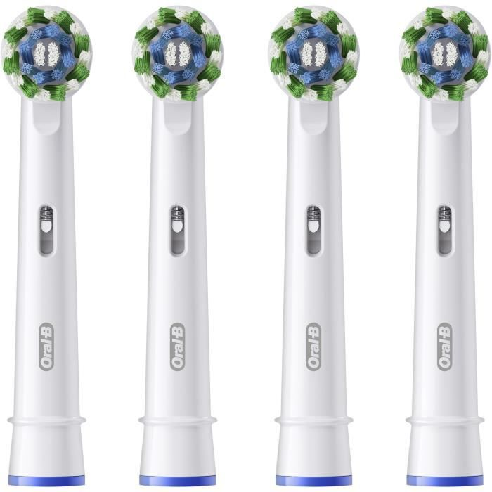 Quattro testine Oral-B bianche con setole blu e verdi.