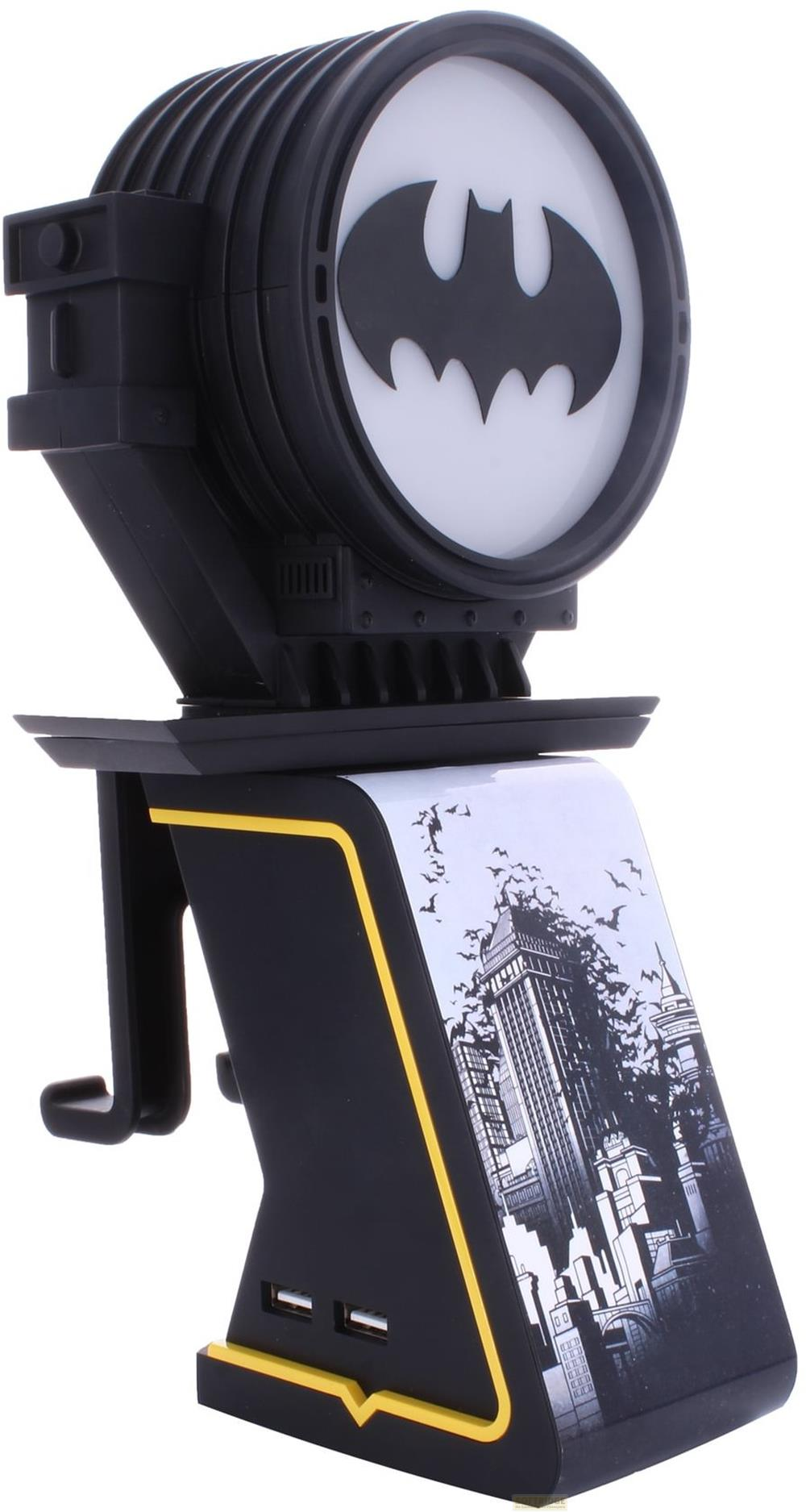 Proiettore nero Bat-Signal con grafica di città e porte USB.