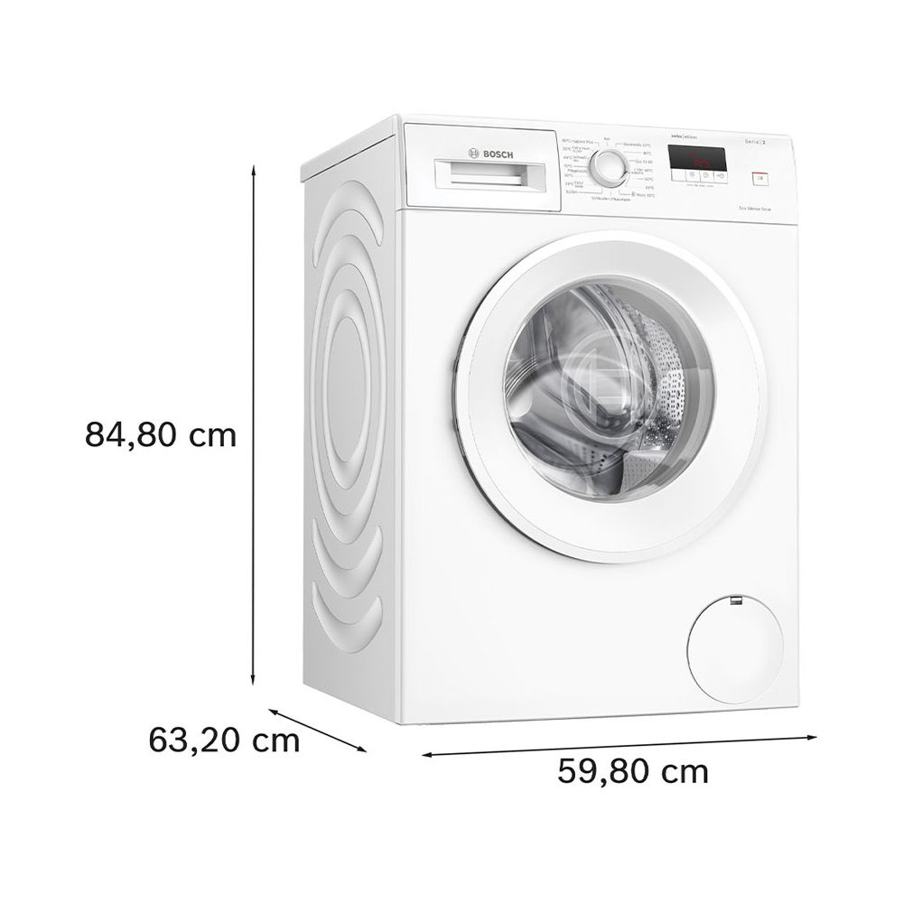 Lavatrice bianca Bosch, dimensioni 84,80 cm altezza, 63,20 cm profondità, 59,80 cm larghezza.