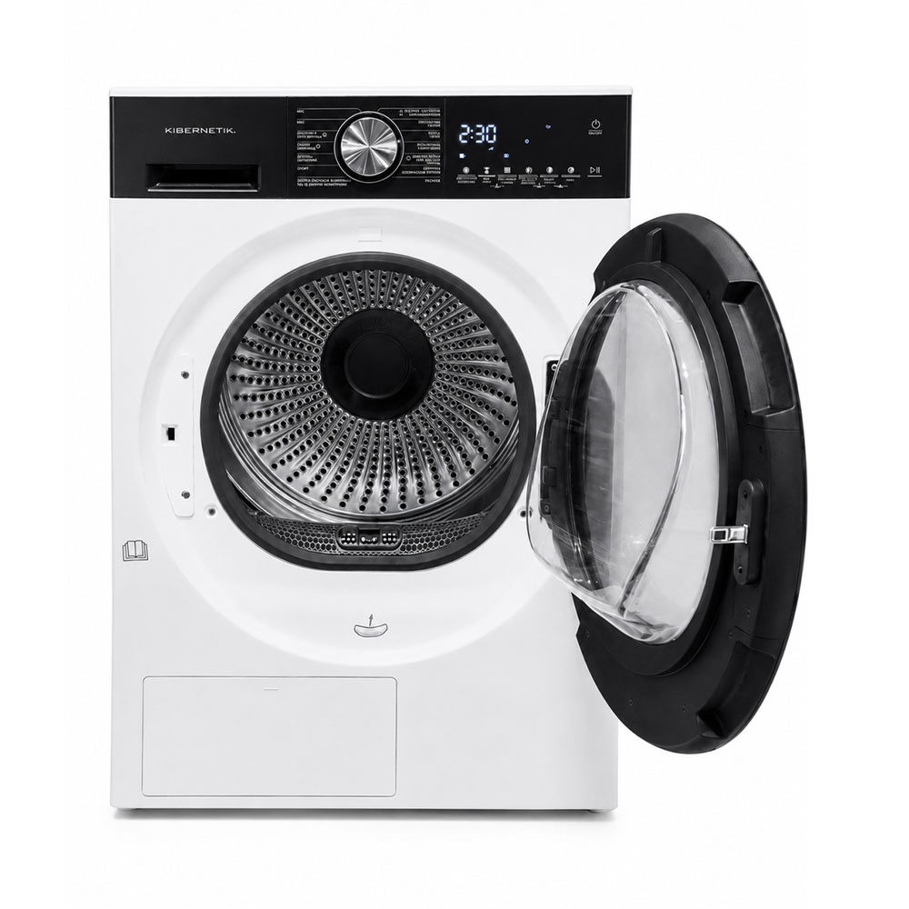 Eine weiße Waschmaschine mit geöffneter Klappe und einem digitalen Display.