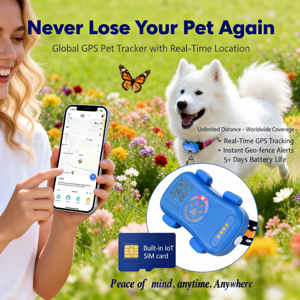 Eine Frau hält ein Smartphone mit einer Karte. Ein Hund mit GPS-Tracker und SIM-Karte.