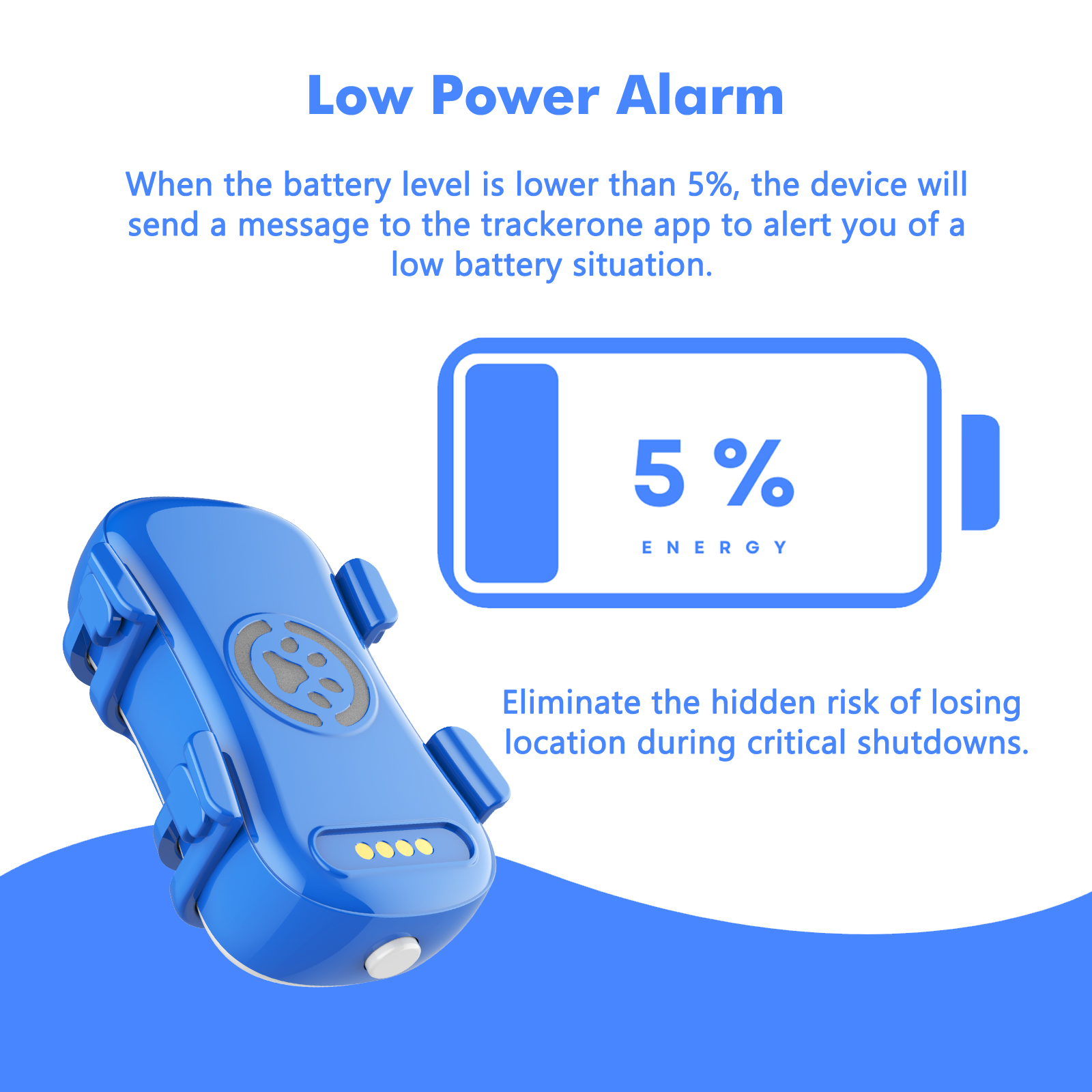 Ein blaues Gerät mit Batteriestatus 5% und Warntext.