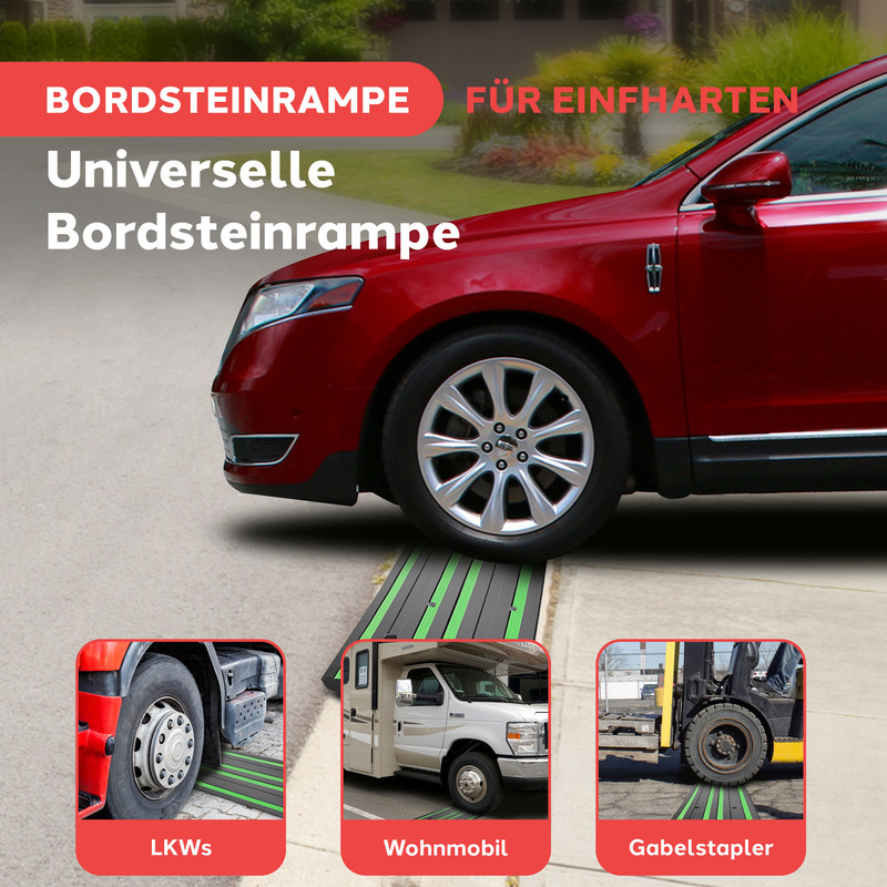 Rotes Auto auf Bordsteinrampe. Bilder: LKW-Rad, Wohnmobil, Gabelstapler auf Rampen.