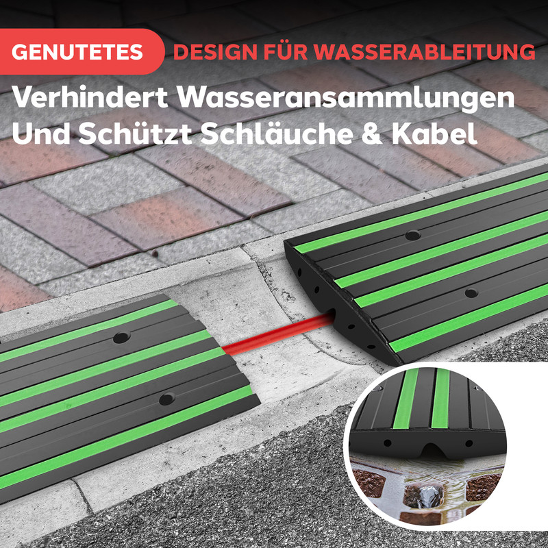 Schwarze Rampe mit grünen Streifen, leitet Wasser ab und schützt Kabel.