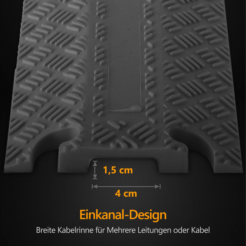 Grauer Kabelkanal mit Riffelblech-Muster, 4cm breit, 1,5cm hoch.