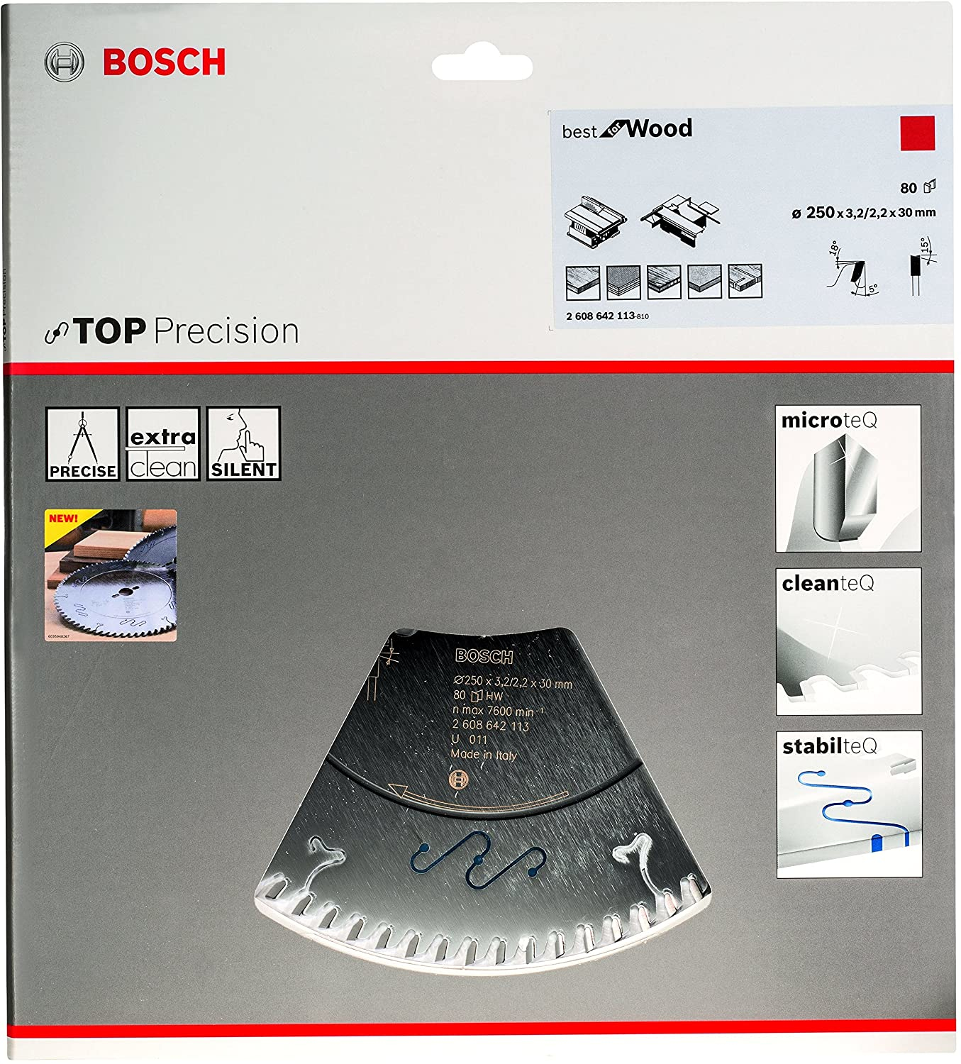 Verpackung einer Bosch Kreissägeblatt. Präzision, extra sauber, leise.