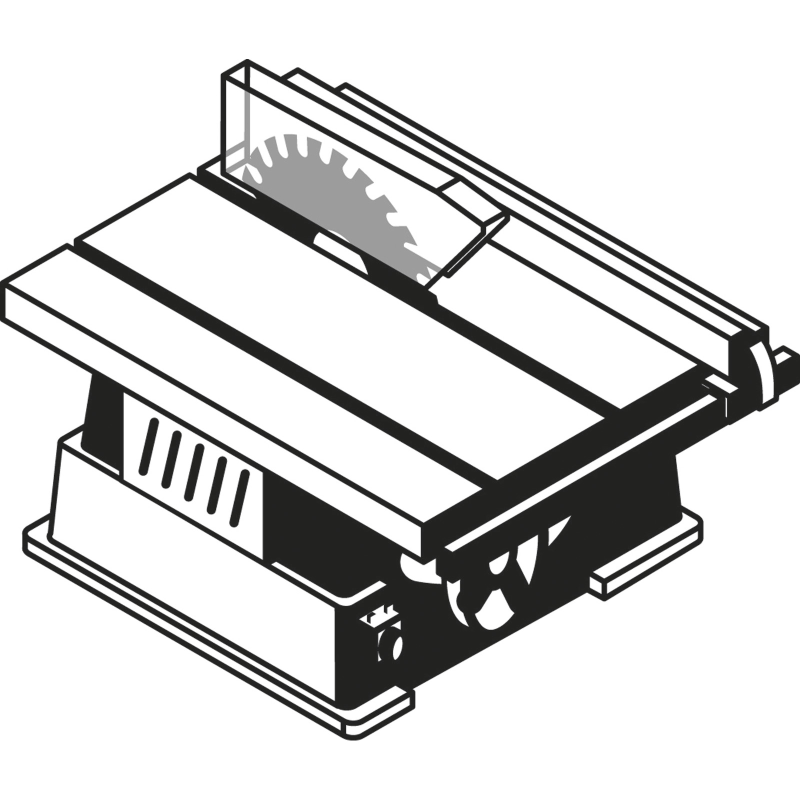Schwarz-weiße Illustration einer kompakten Tischkreissäge mit Rundblatt und Schutzvorrichtung.