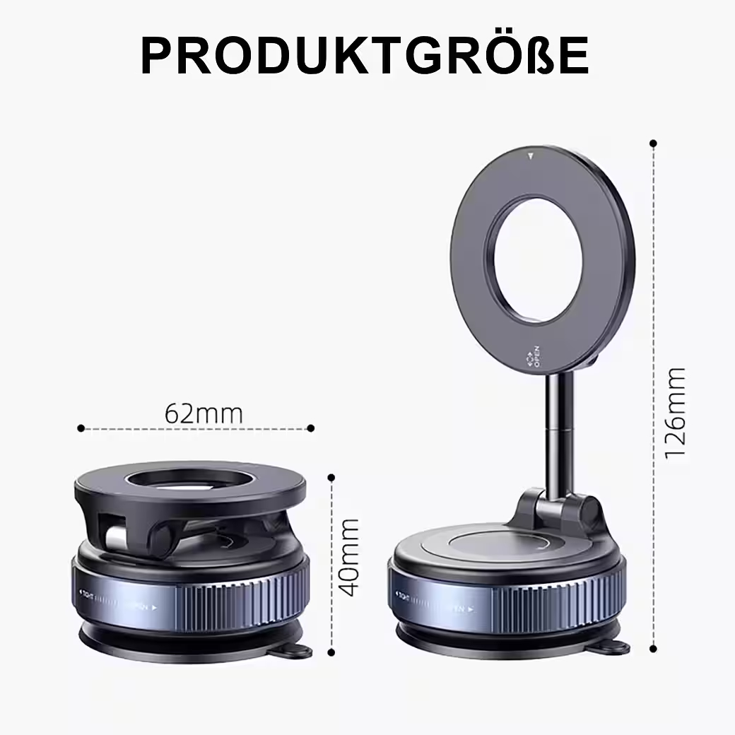 Produktgrößenangaben: Links 62x40mm, Rechts 126mm hoch. Graue Halterung.