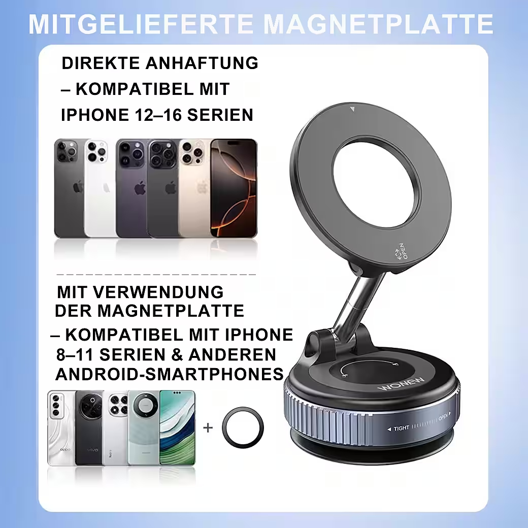 Magnetplatte mit Zubehör. iPhones und Android-Smartphones werden gezeigt.