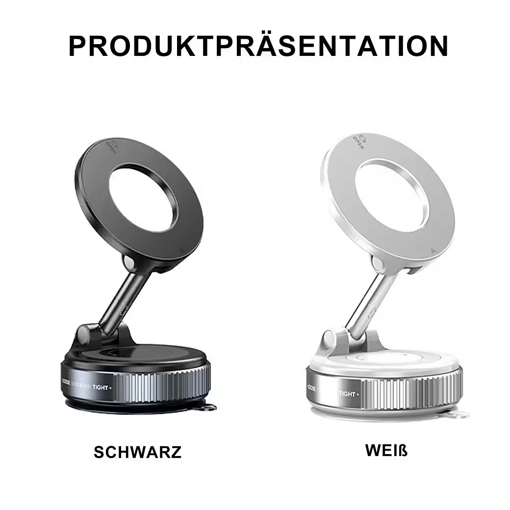 Schwarze und weiße Handyhalterungen mit Ringlichtern auf weißem Hintergrund.