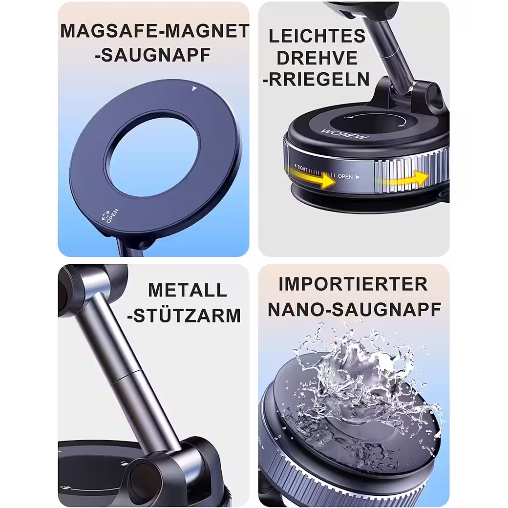 Vier Bilder zeigen MagSafe-Magnet, Drehriegel, Metallstützarm und Nano-Saugnapf.