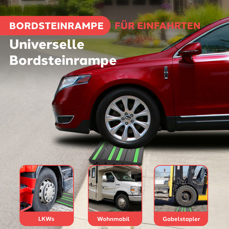 Rotes Auto auf Bordsteinrampe. Kleine Bilder zeigen LKW, Wohnmobil und Gabelstapler auf Rampen.
