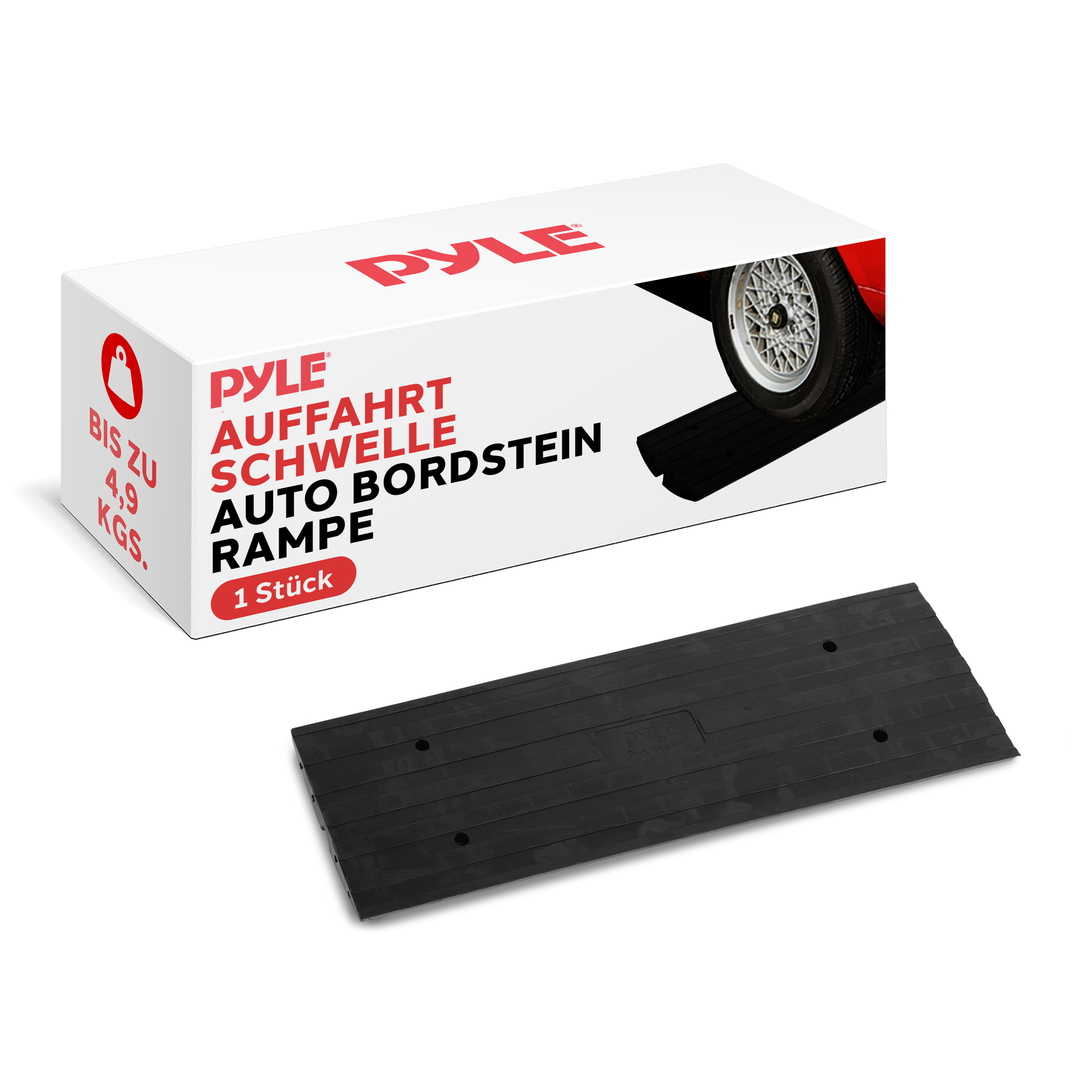 Schwarze Auffahrrampe aus Gummi mit PYLE-Logo und Kartonverpackung.