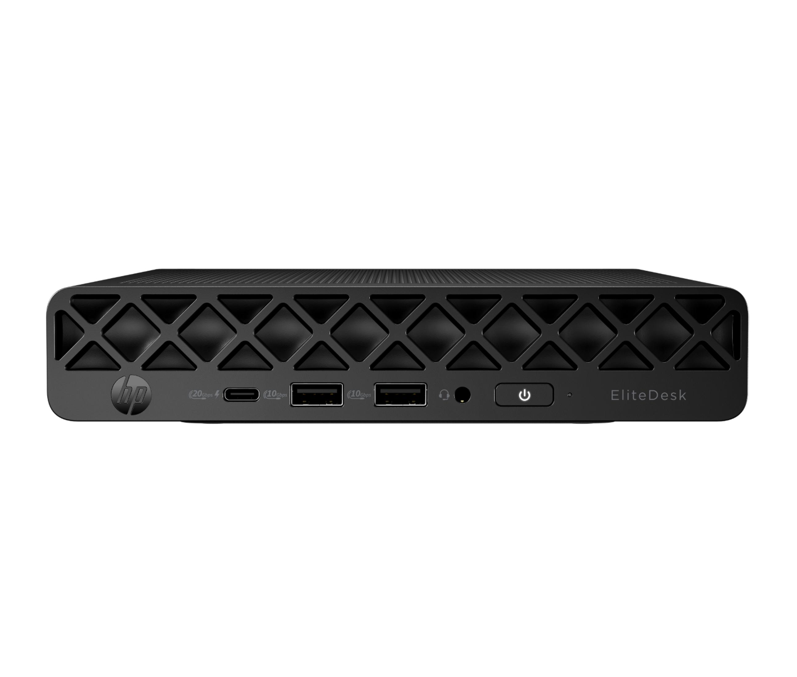 Schwarzer HP EliteDesk Mini-PC mit Lüftungsgitter und Anschlüssen vorne.