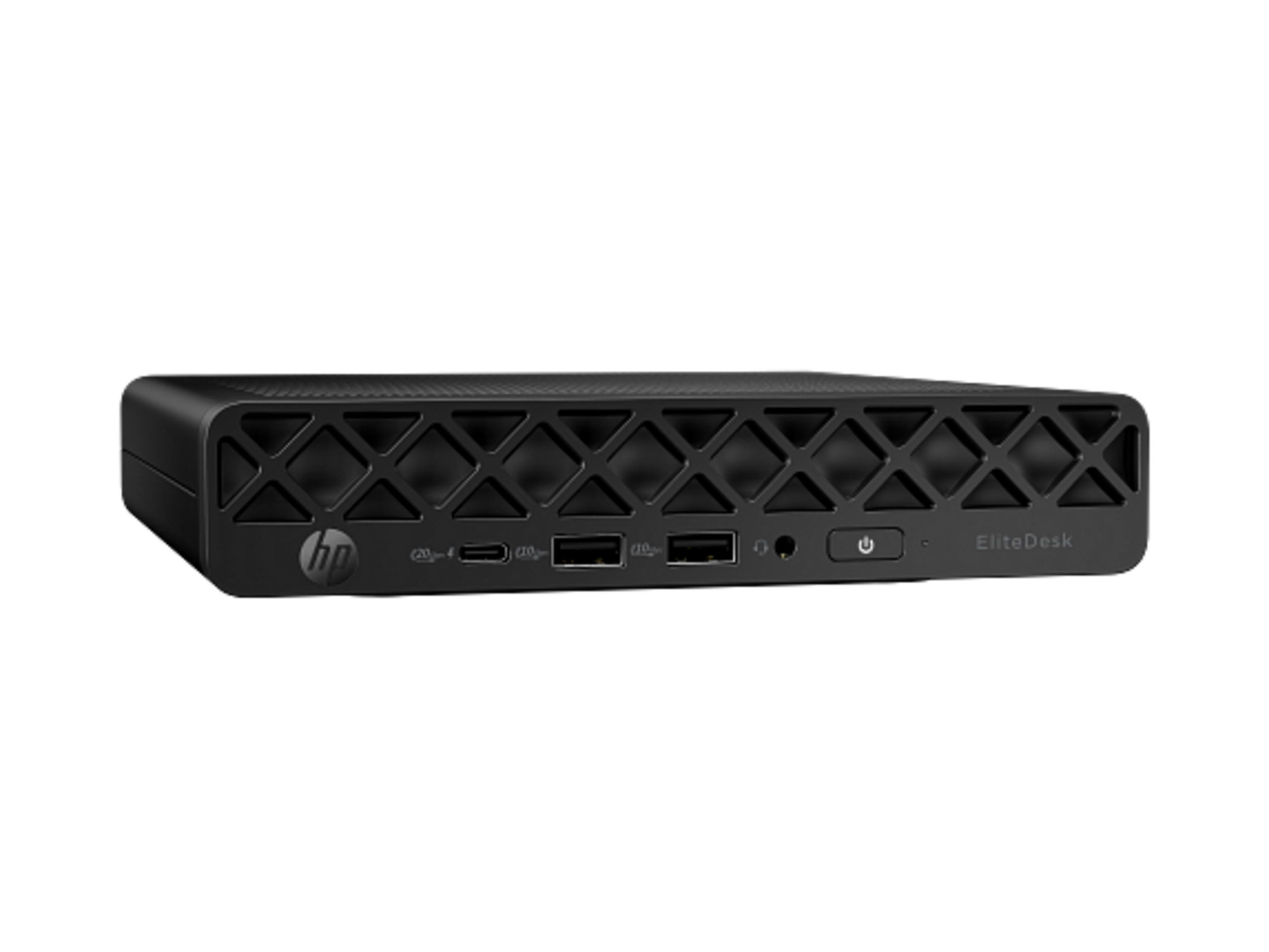 Schwarzer HP EliteDesk Mini-PC mit sichtbaren Anschlüssen und Lüftungsgitter.