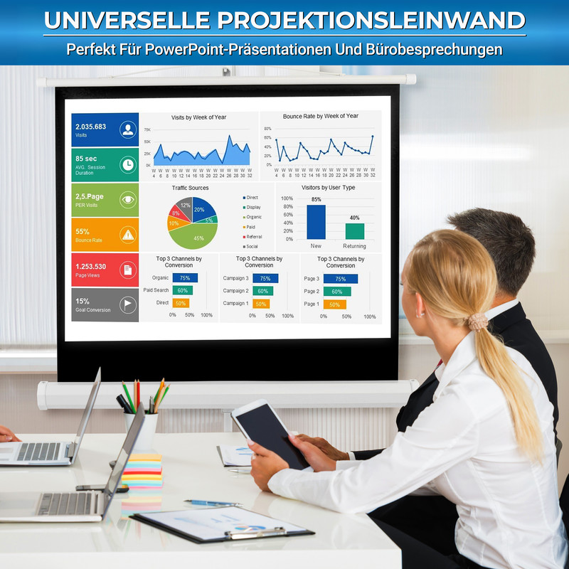 Zwei Personen schauen auf eine Projektionsleinwand mit Diagrammen und Daten.
