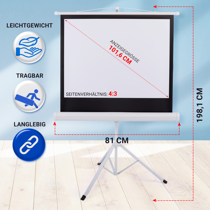 Ein 101,6 cm Projektorleinwand auf Stativ, 198,1 cm hoch, 81 cm breit.