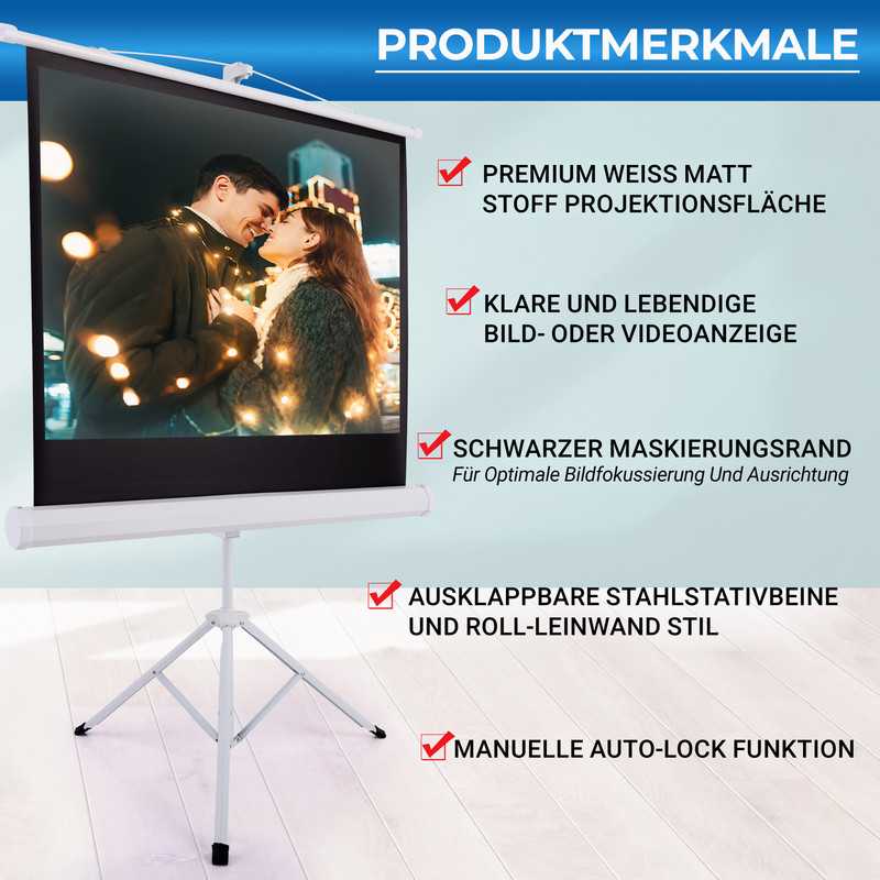 Ein Projektionsleinwandständer mit einem Paar, das sich küsst, und Produktmerkmalen.