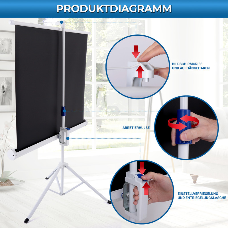 Diagramm eines Projektionsleinwandständers mit Nahaufnahmen von Verriegelungsmechanismen.