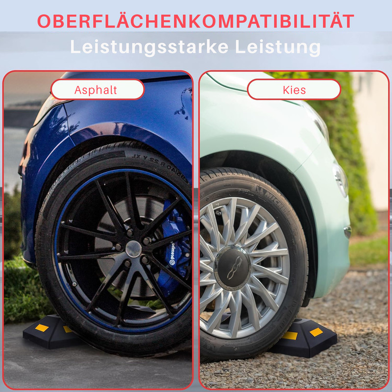 Zwei Autos, blau und mintgrün, auf Keilen. Links Asphalt, rechts Kies.