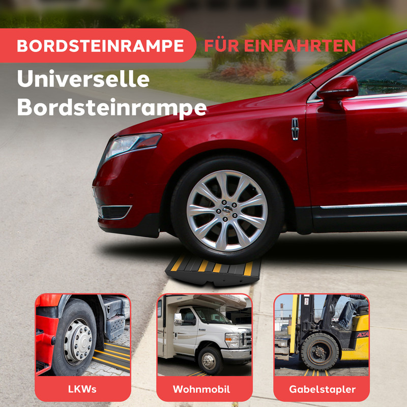Schwarze Bordsteinrampe mit gelben Streifen, für Autos, LKWs, Wohnmobile & Gabelstapler.